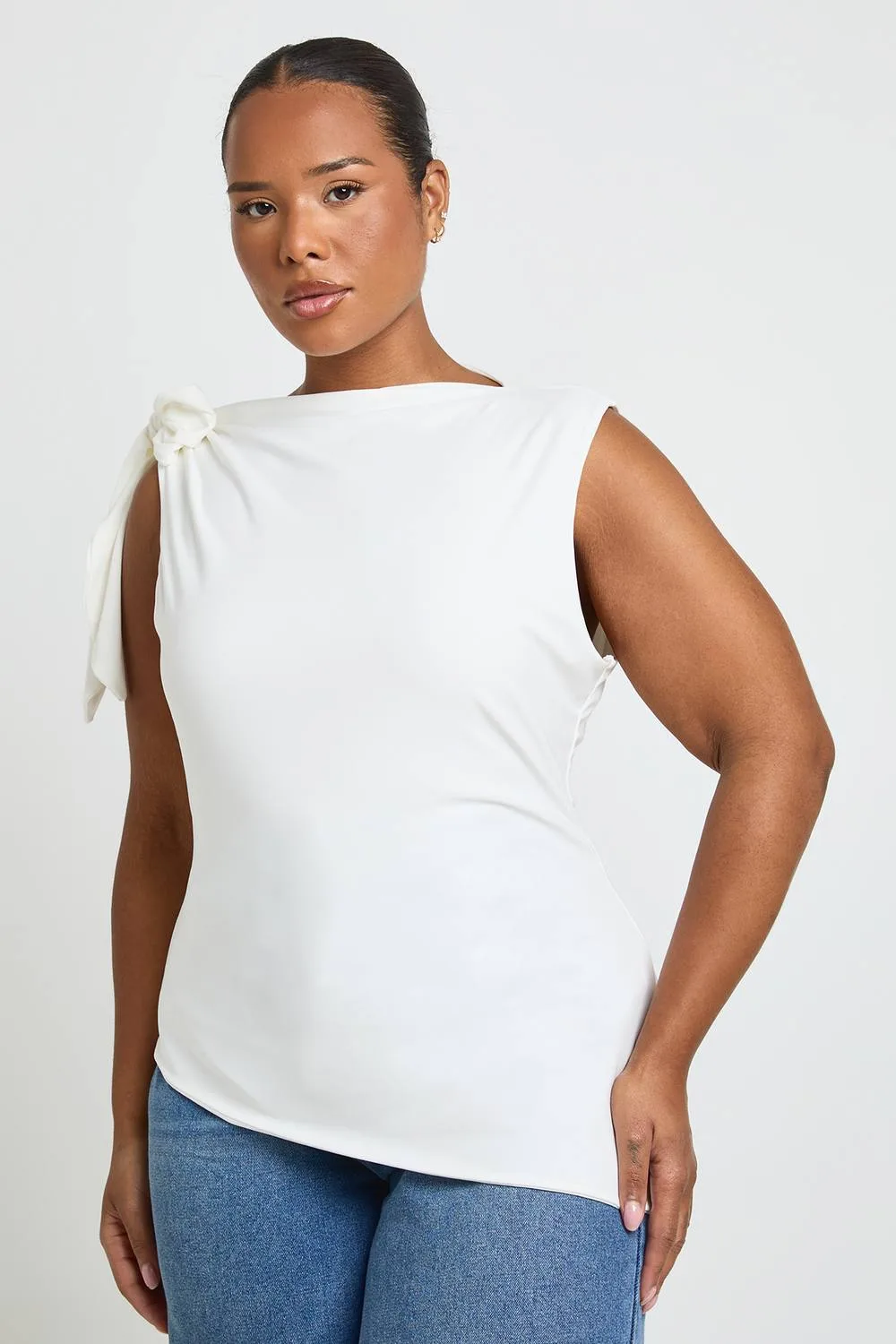 Matte Slinky High Neck Tie Shoulder Top