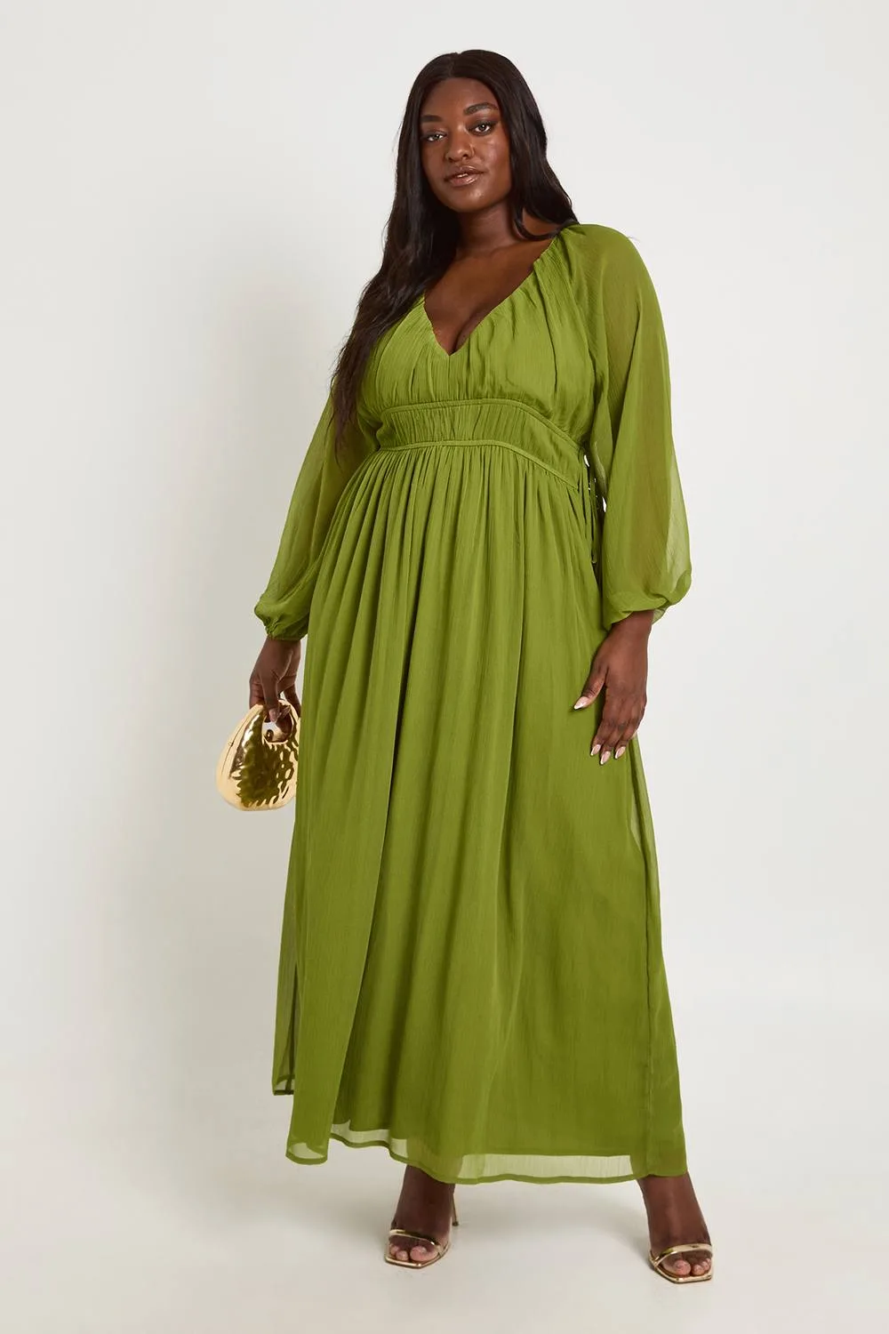 Chiffon Ruched Blouson Sleeve Maxi Dress by boohoo