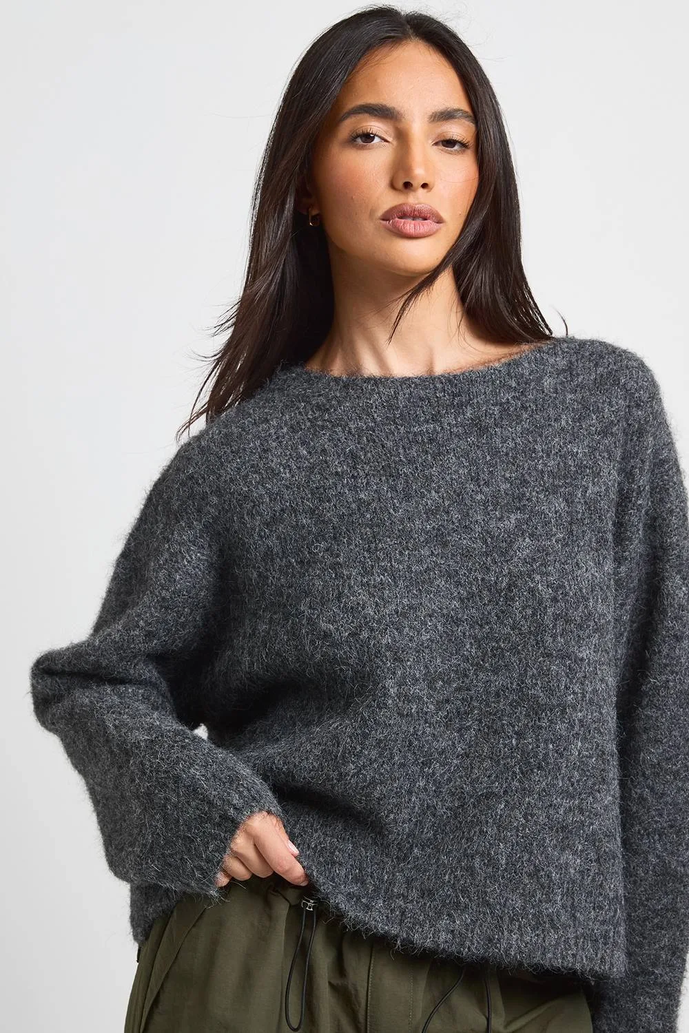 Slash Neck Boxy Crop Knitted Jumper