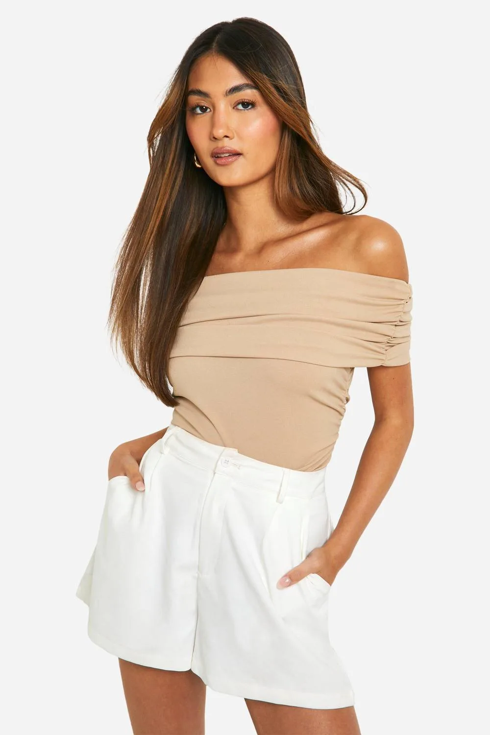 Crepe Bardot Ruched Top - Knitted by boohoo