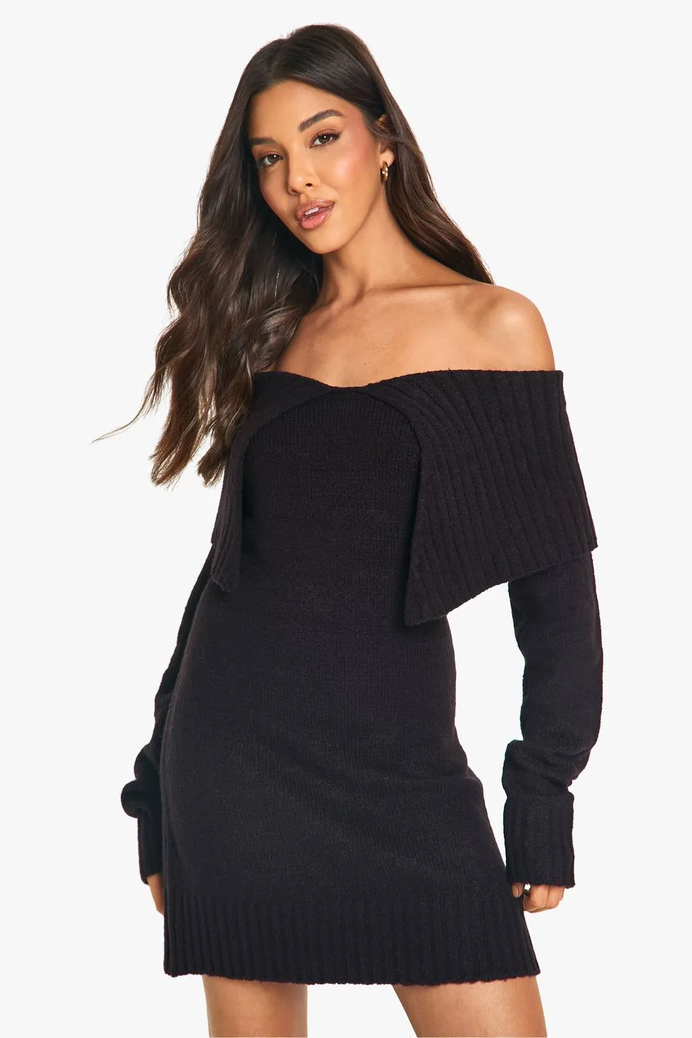 Soft Knit Oversized Collar Off-The Shoulder Jumper Dress - Polyurethane