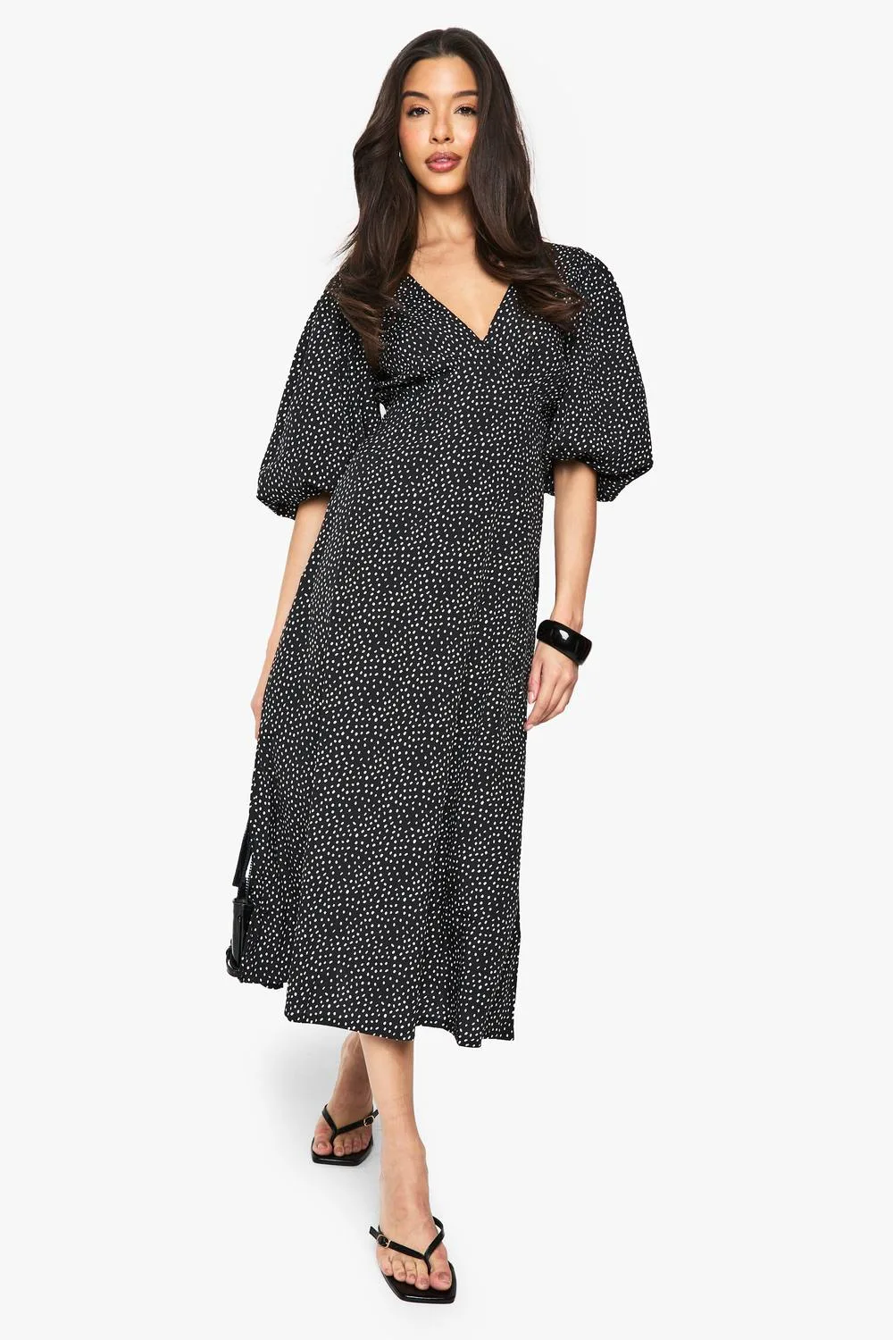 Polka Dot Puff Sleeve Tie Back Midi Dress - Polyurethane by boohoo