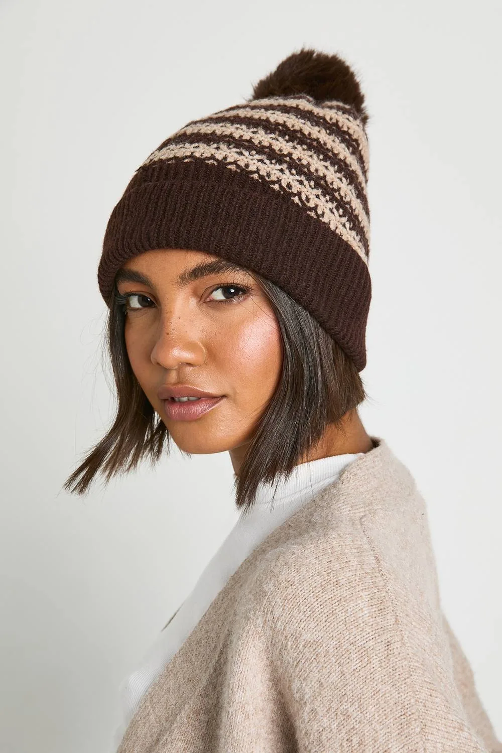 Striped Pom Pom Knitted Beanie by boohoo