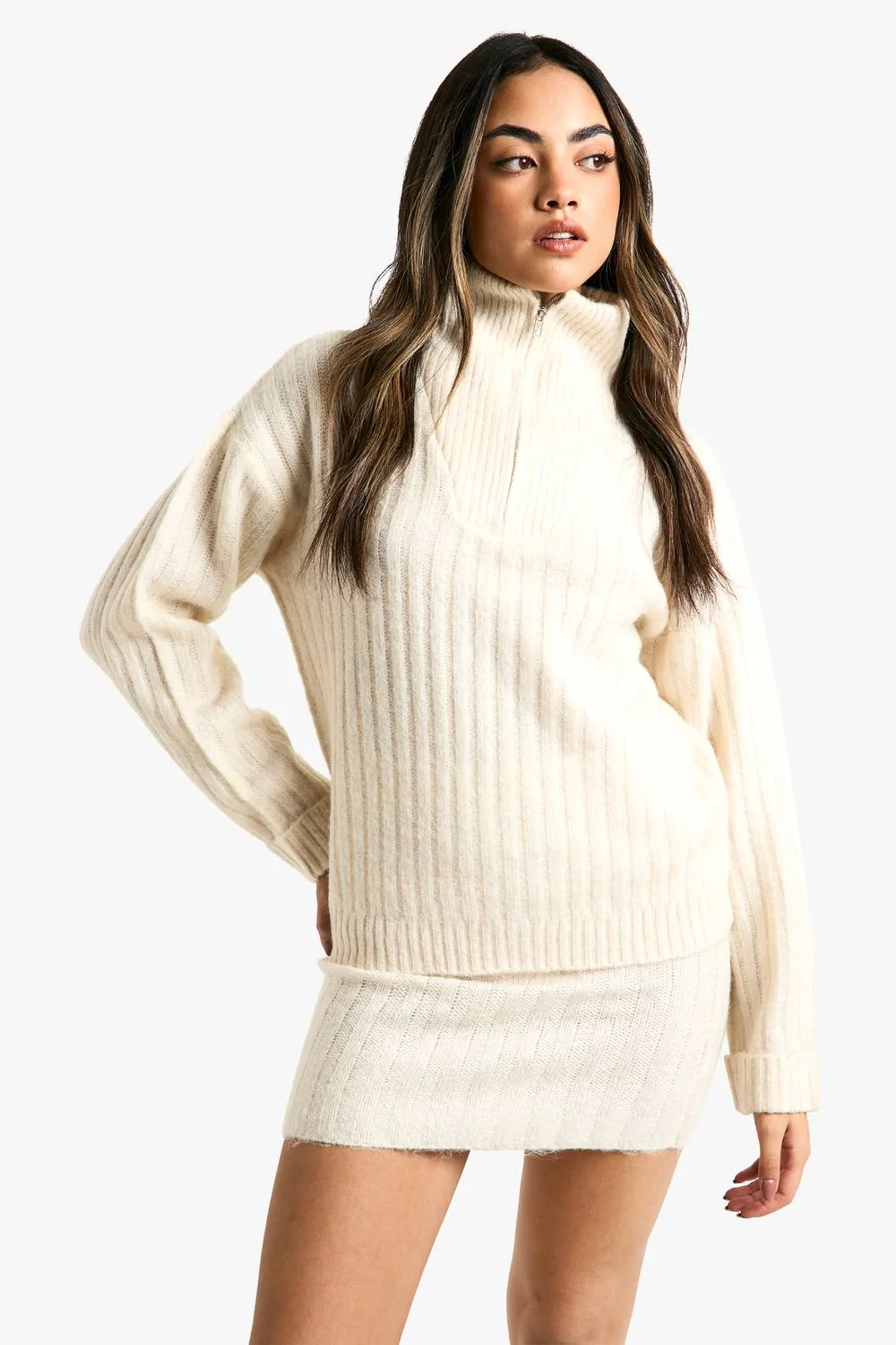 Soft Knit Thick Rib Zip Neck Oversized Jumper & Mini Skirt Set - Polyurethane by boohoo