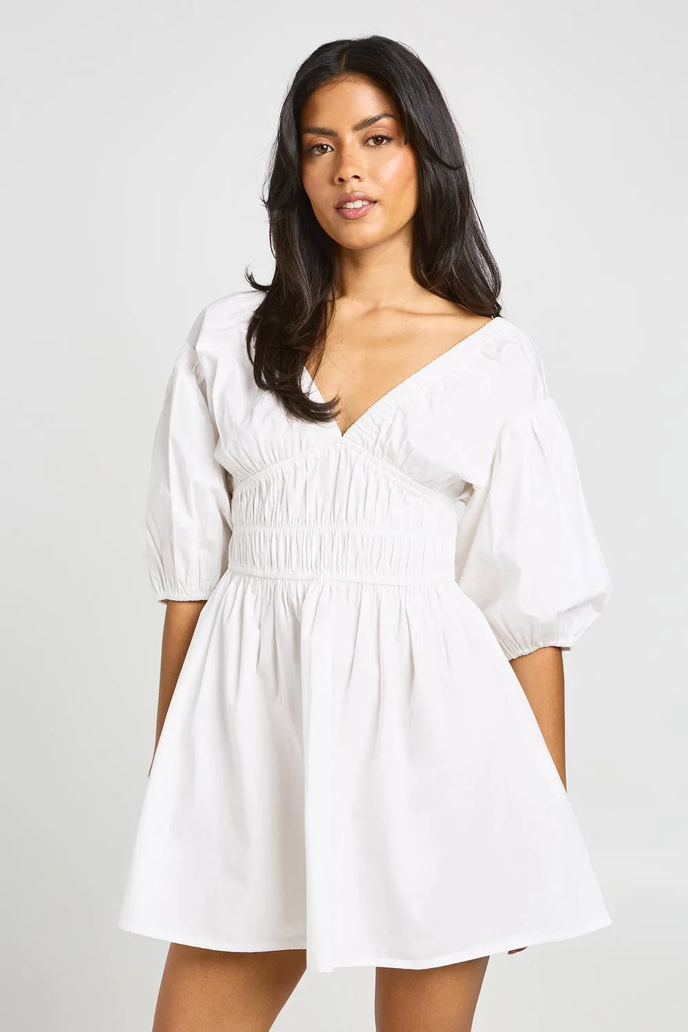 Cotton Poplin Shirred Bodice V Neck Puff Sleeve Mini Dress - Cotton/Polyurethane by boohoo