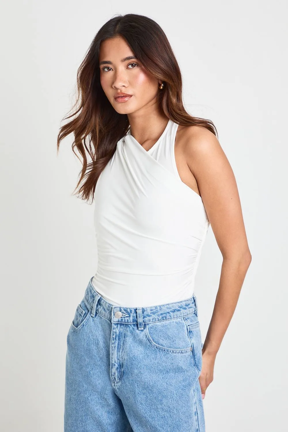Ruched One Shoulder Mesh Panel Bodysuit by boohoo