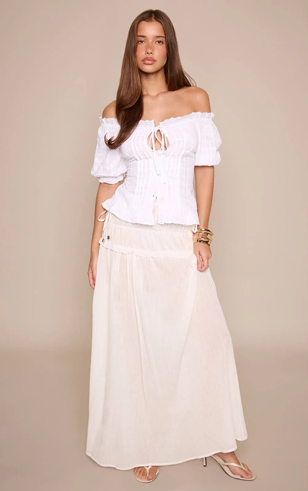 Cotton Shirred Tie Bead Detail Maxi Skirt