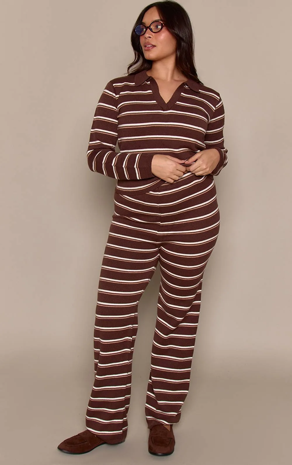 Striped Compact Knit Wide Leg Trouser by PrettyLittleThing