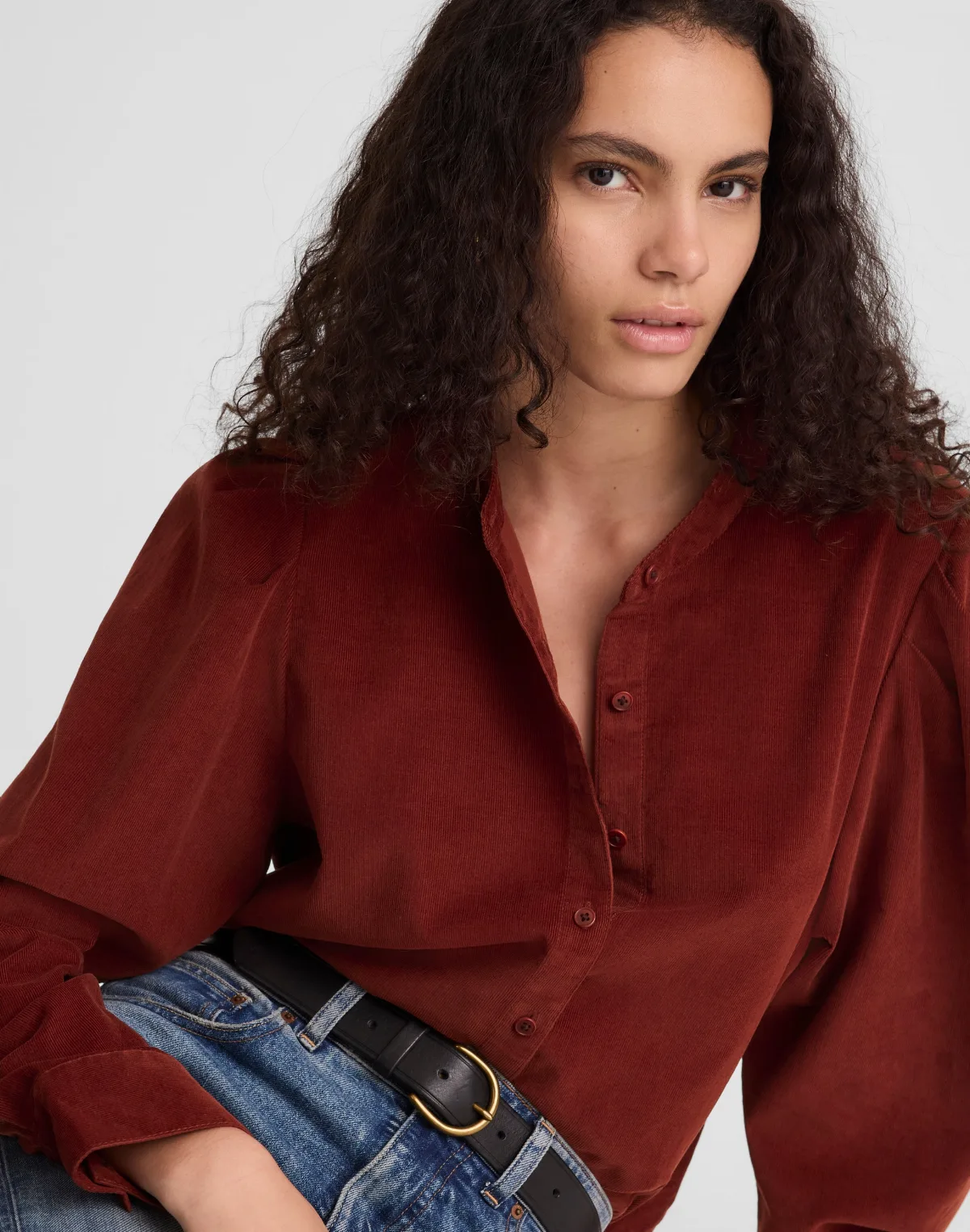 Puff-Sleeve Button-Up Shirt in Corduroy by MW