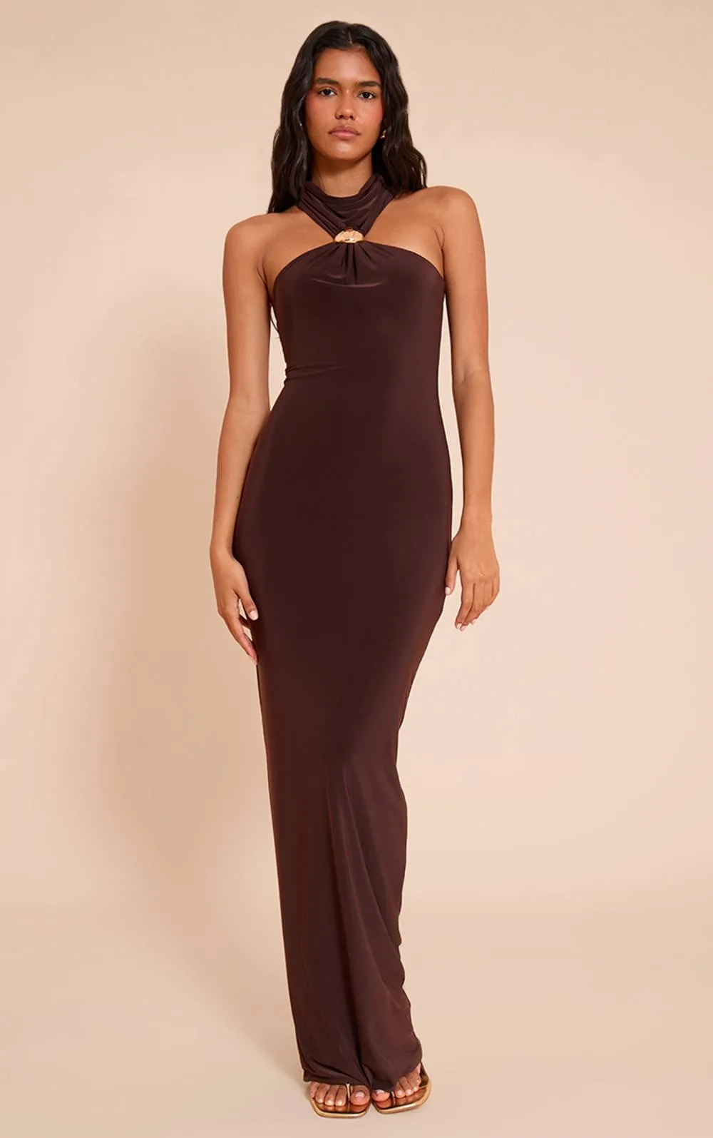 Slinky Halterneck Trim Detail Maxi Dress by PrettyLittleThing