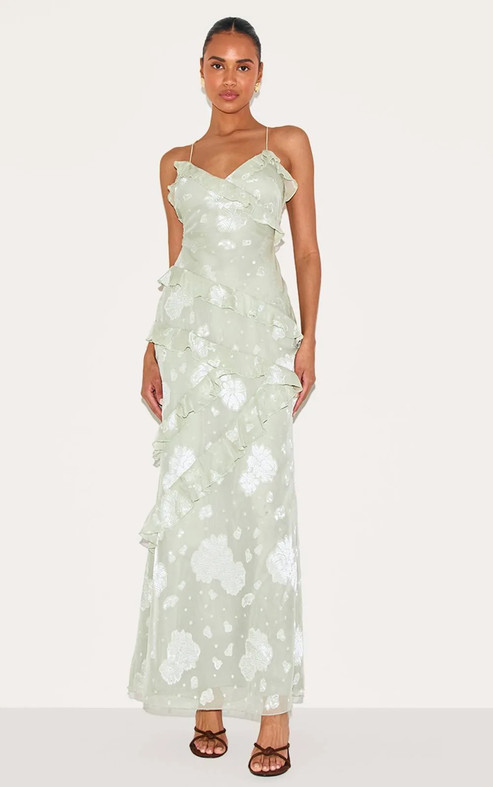 Floral Embroidered Frill Maxi Dress