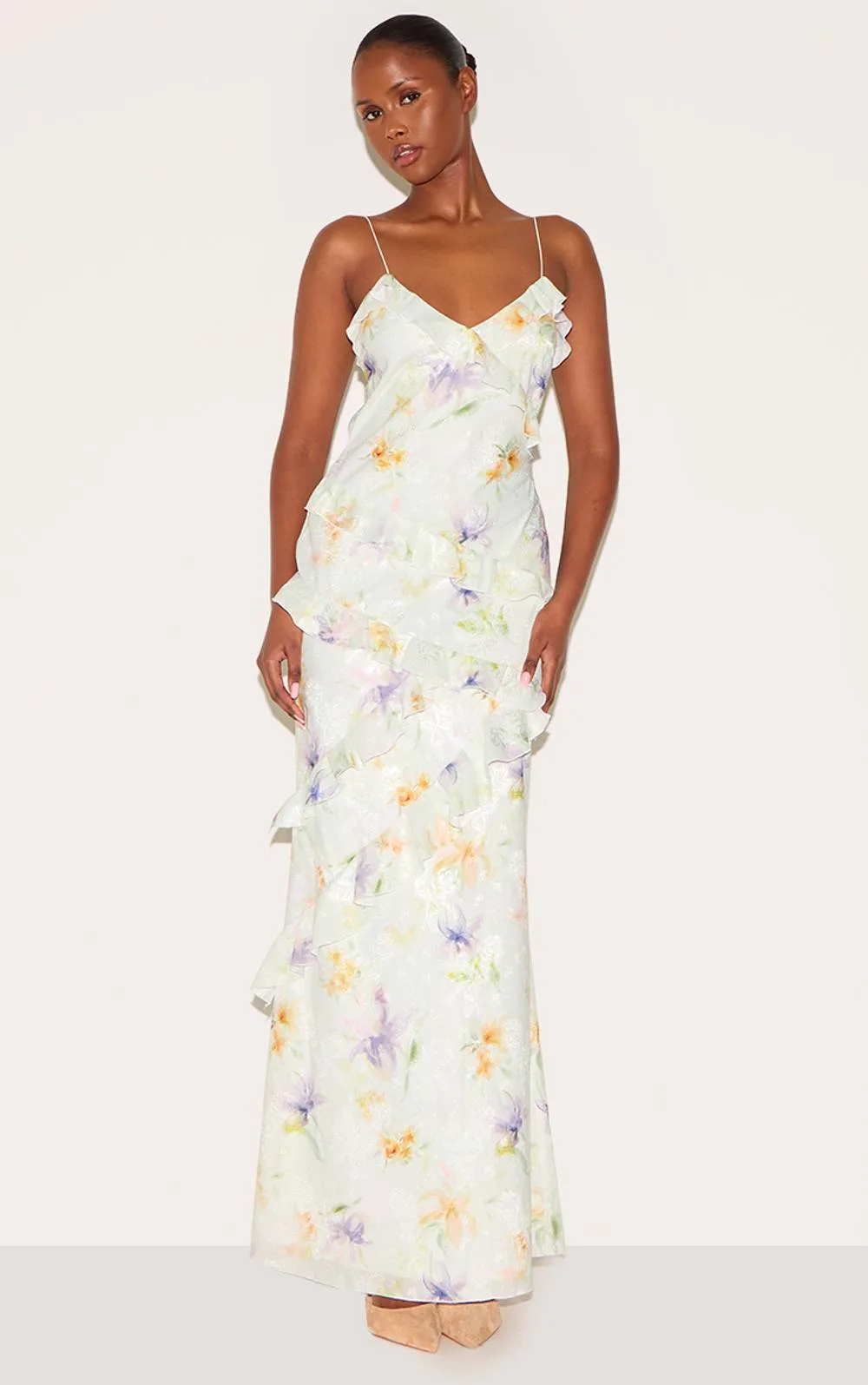 Floral Embroidered Frill Maxi Dress