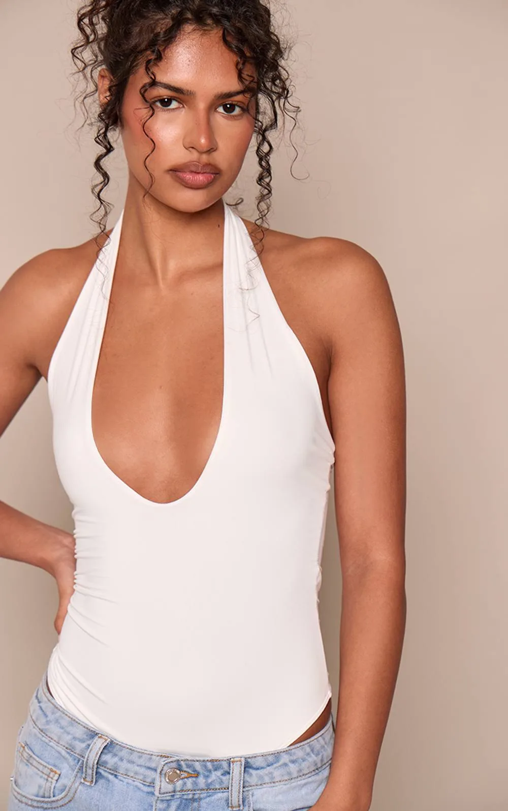Sculpted Jersey V Neck Halter Bodysuit by PrettyLittleThing