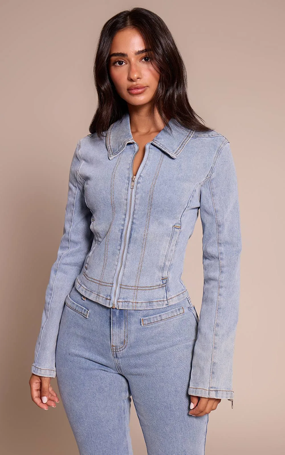 Fitted Zip Up Denim Jacket by PrettyLittleThing