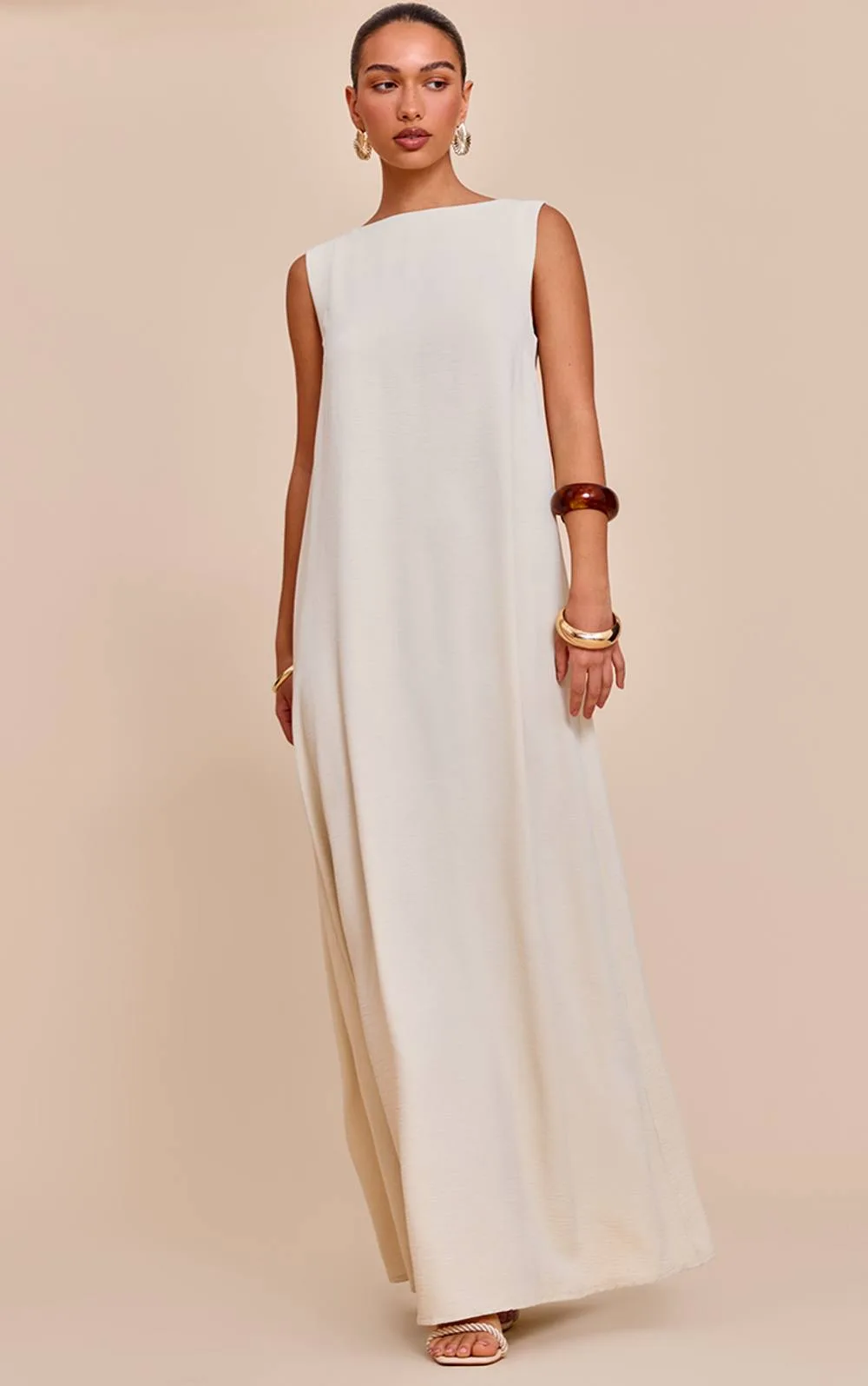 Textured Boat Neck Sleeveless Maxi Dress