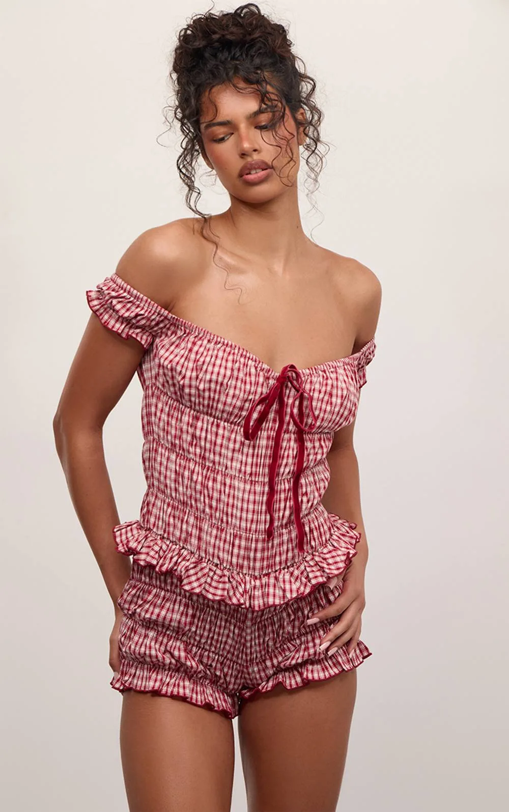 Gingham Ruffle Off Shoulder Playsuit by PrettyLittleThing