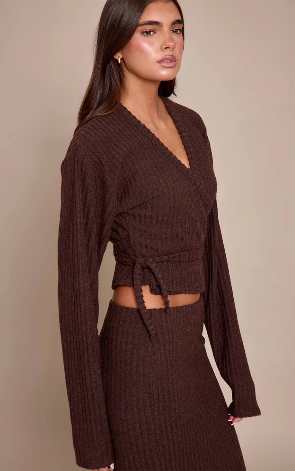 Brushed Wrap Over Tie Waist Top Co-Ord