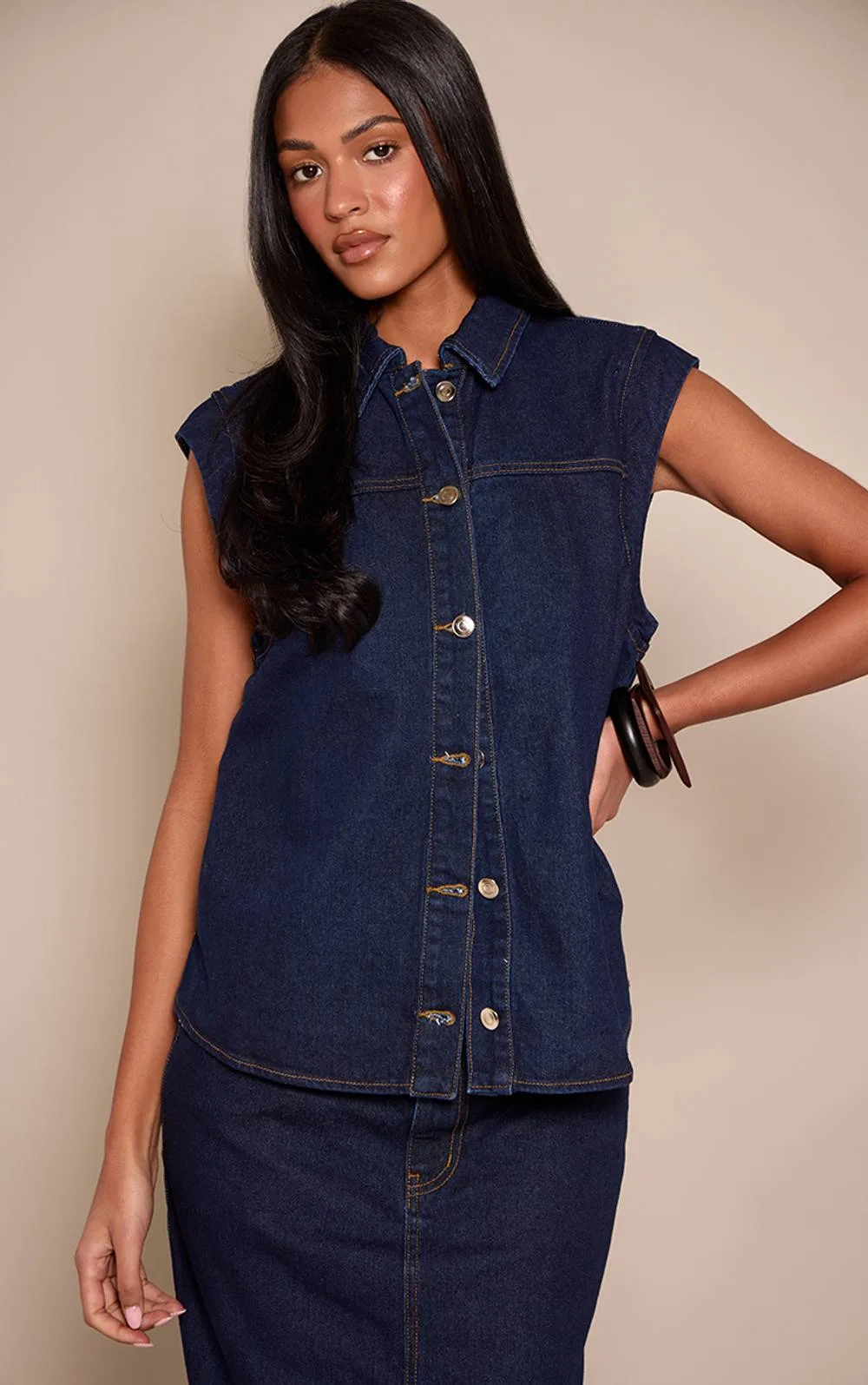 Extended Shoulder Button Down Denim Top by PrettyLittleThing