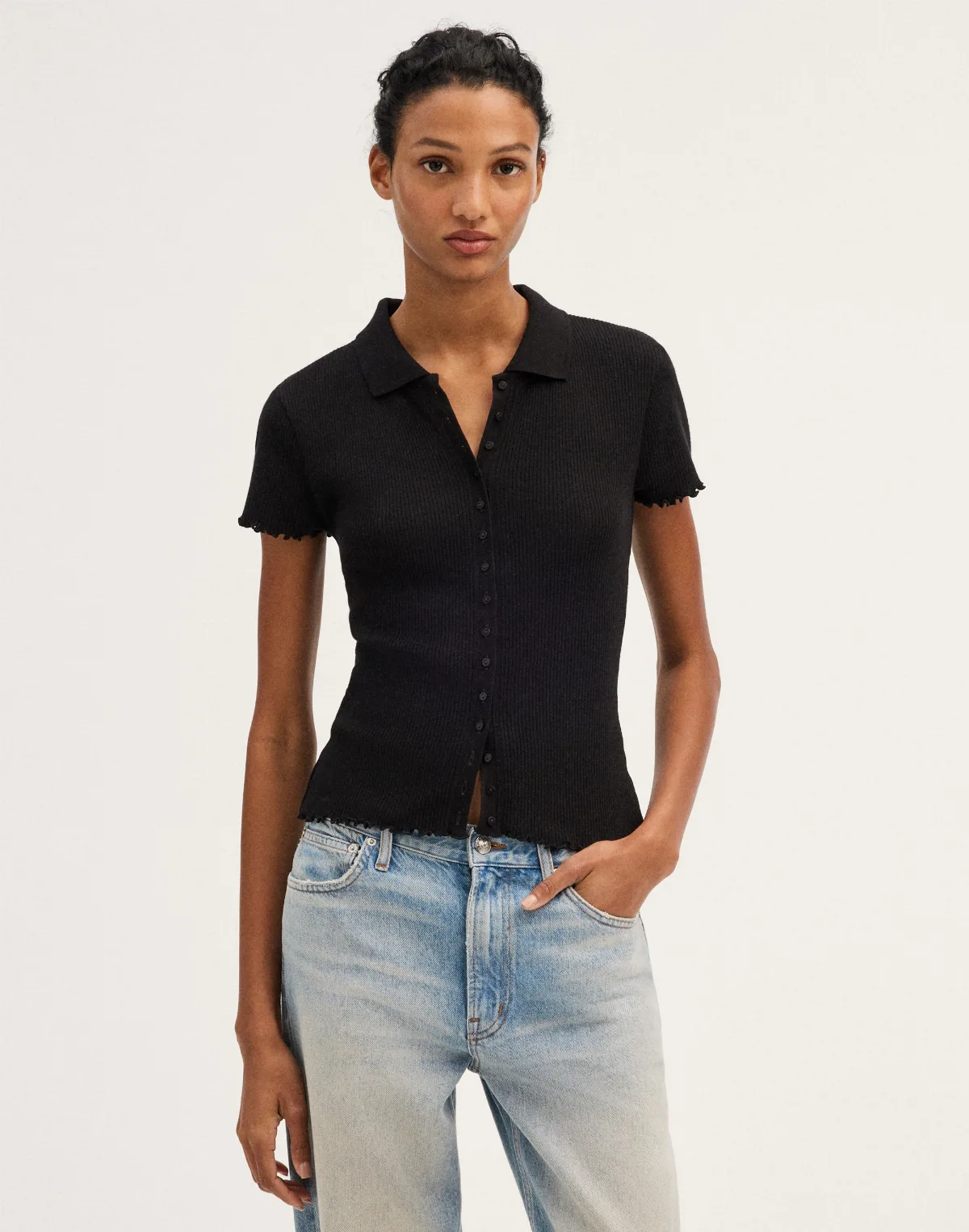 Cap-Sleeve Button-Front Top by MW
