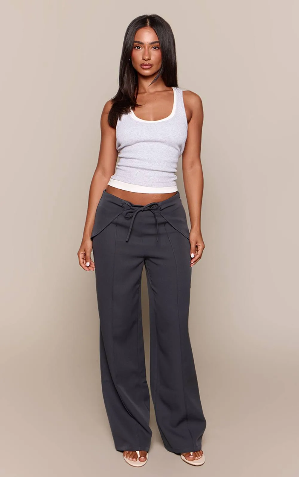 Tie Front Seam Detail Straight Leg Tailored Trousers by PrettyLittleThing