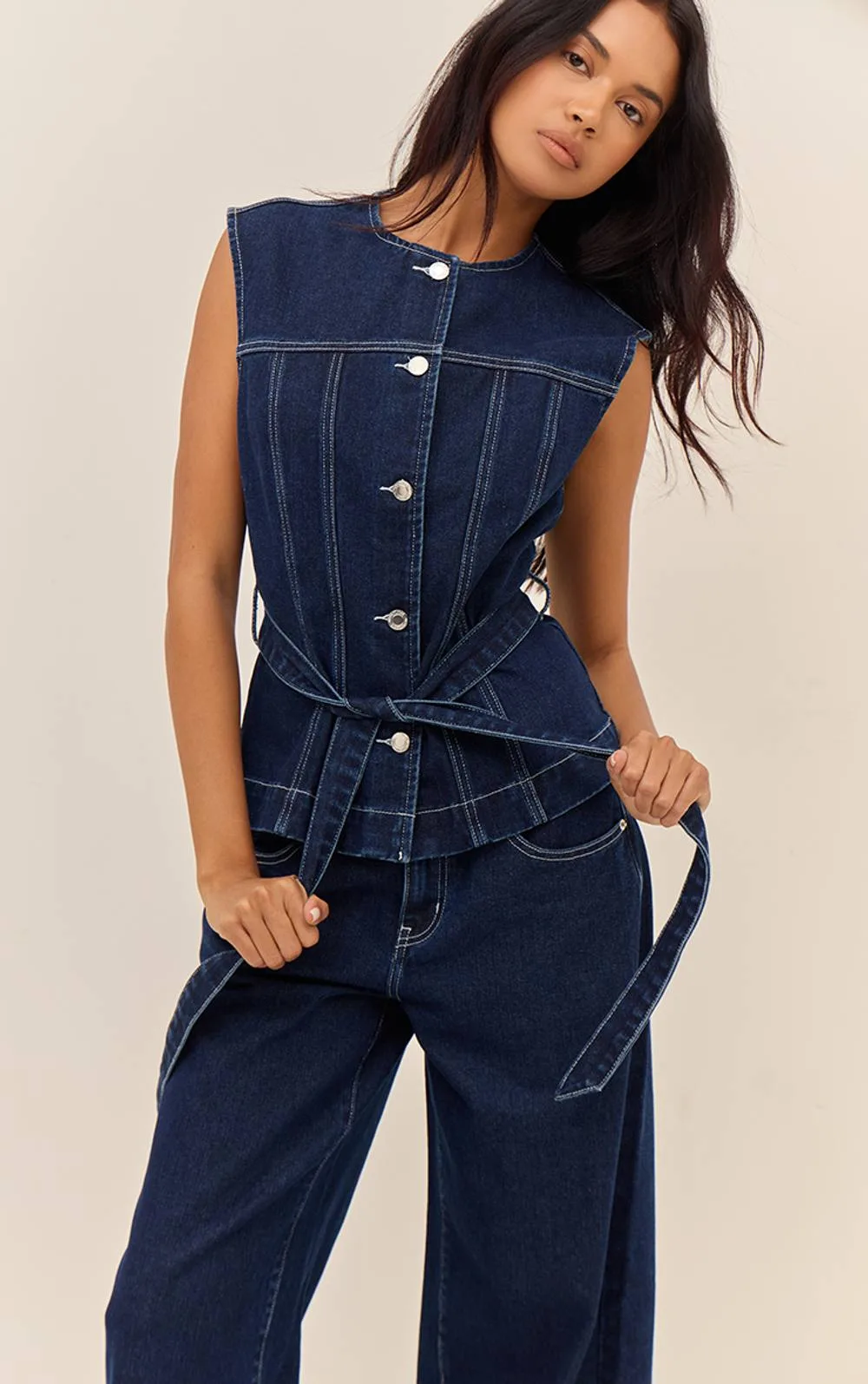 Round Neck Cinch Belted Denim Top