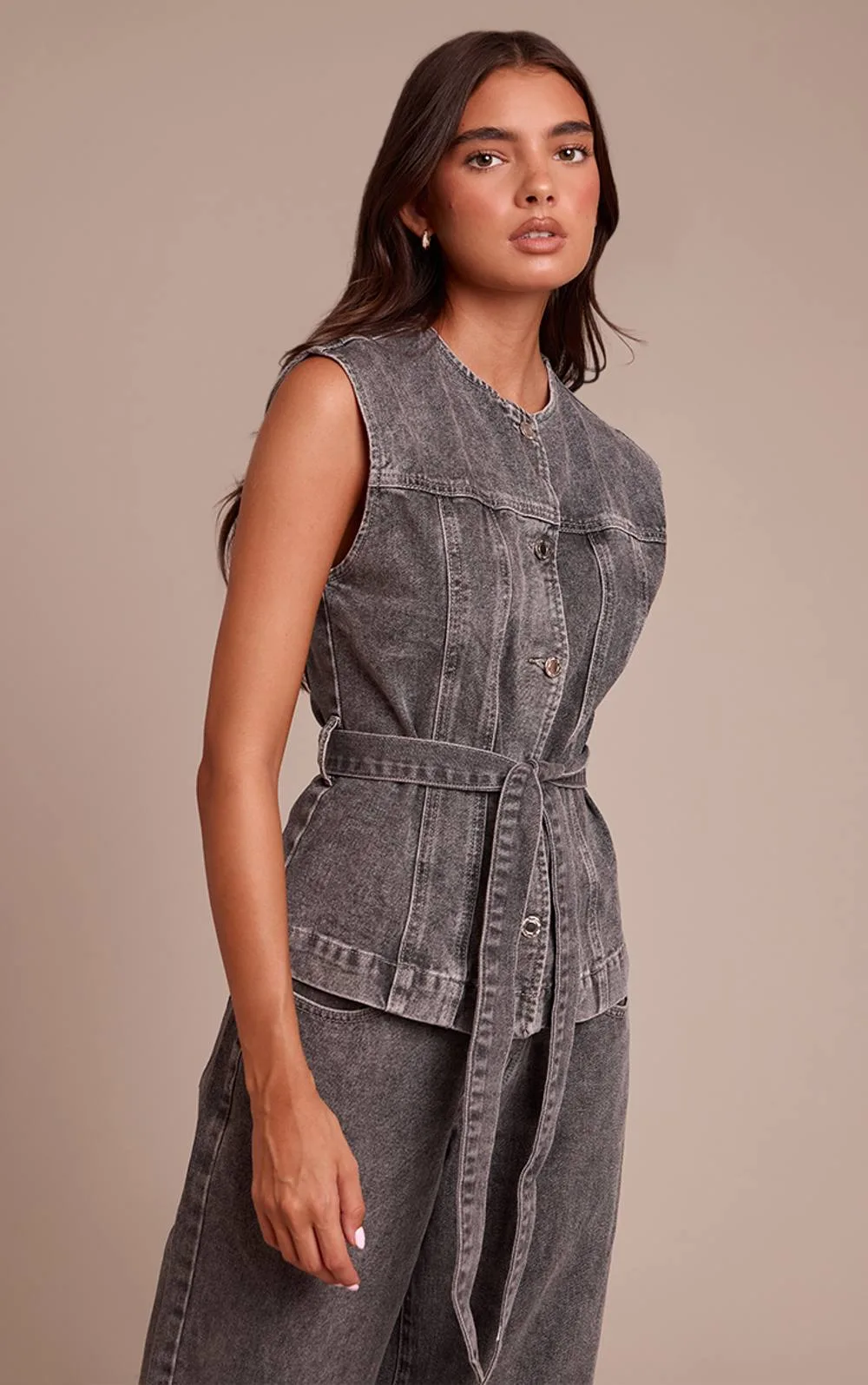 Round Neck Cinch Belted Denim Top by PrettyLittleThing