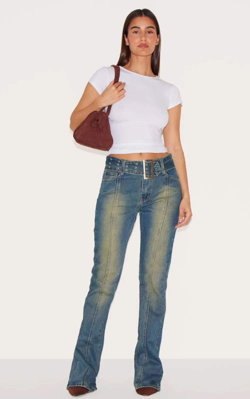 Belted Seam Front Flare Jeans by PrettyLittleThing