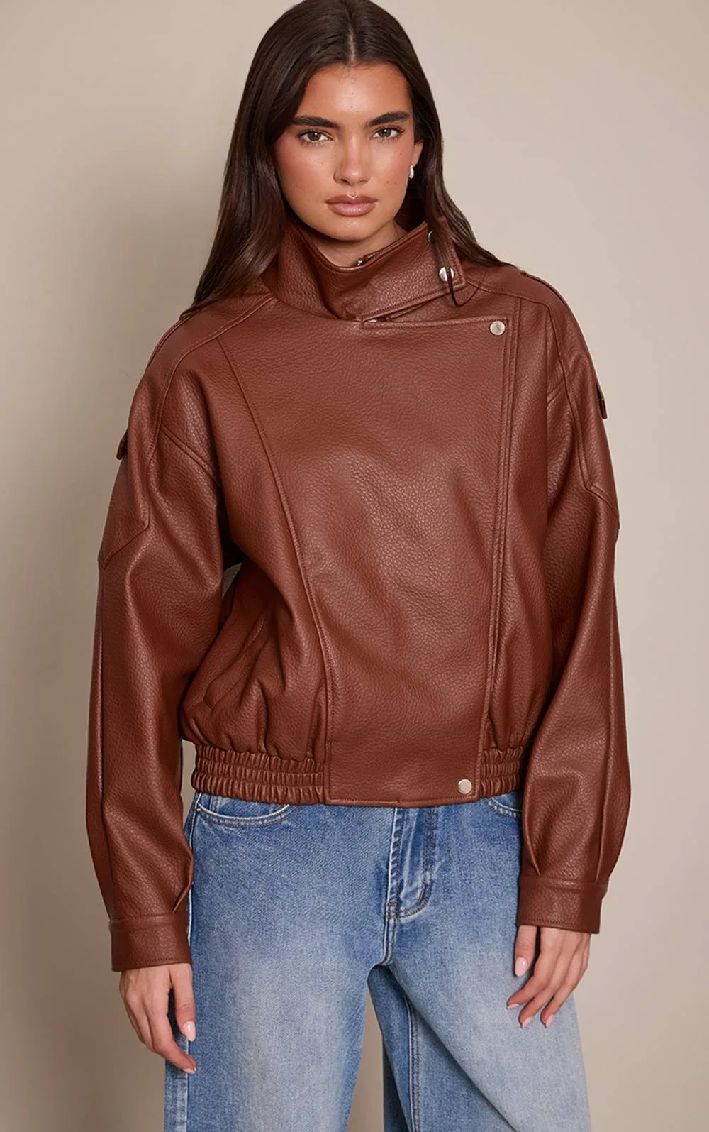 Funnel Neck Faux Leather Biker Jacket