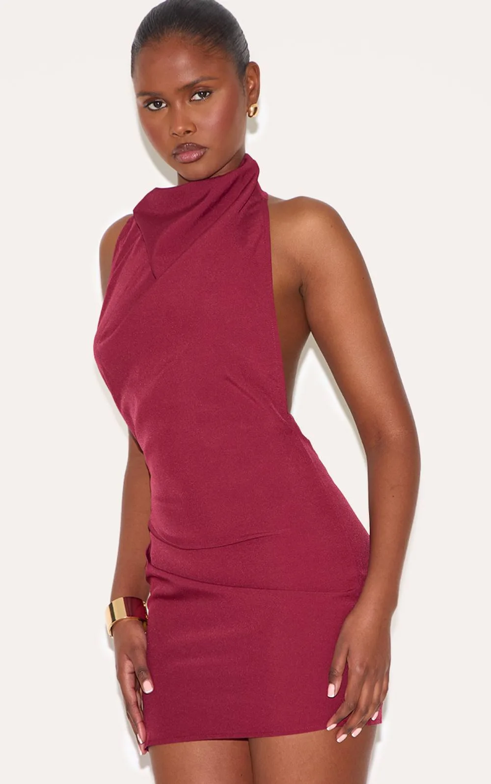 High Neck Cowl Backless Bodycon Dress