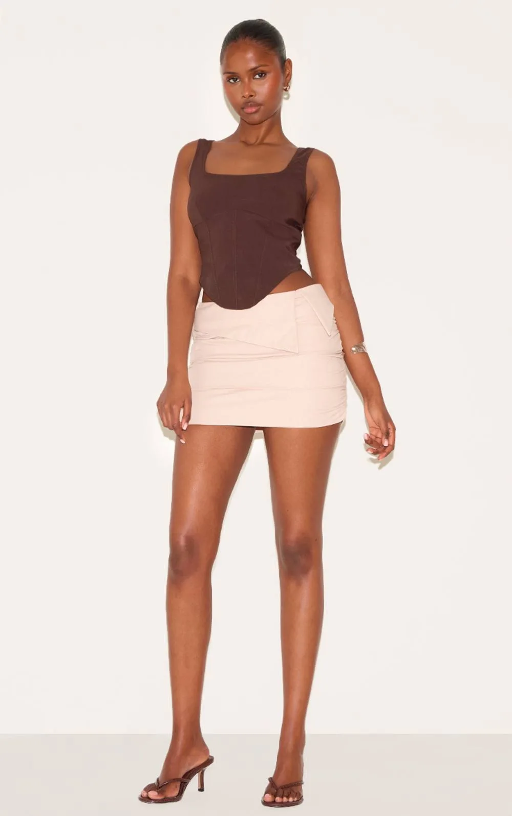 Linen Blend Foldover Ruched Mini Skirt