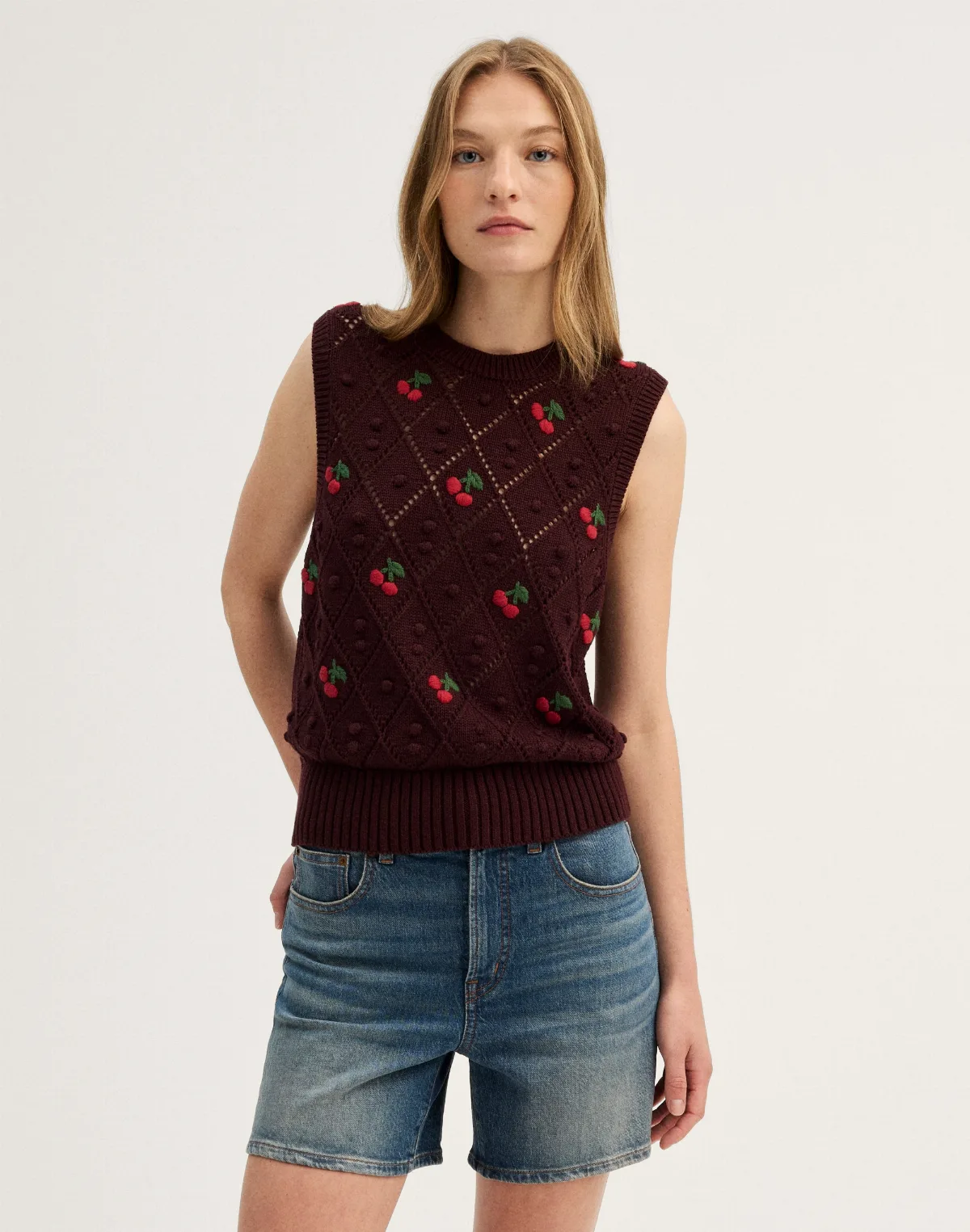Embroidered Bauble Pointelle-Stitch Sweater Vest in 100% Cotton by MW