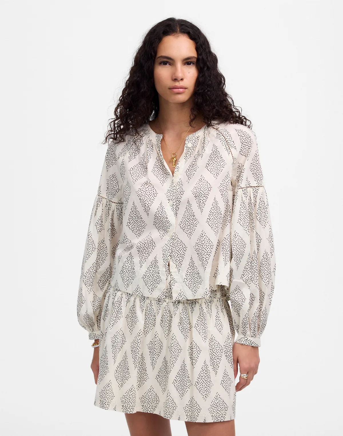 Shirred Balloon-Sleeve Top in Geometric Print