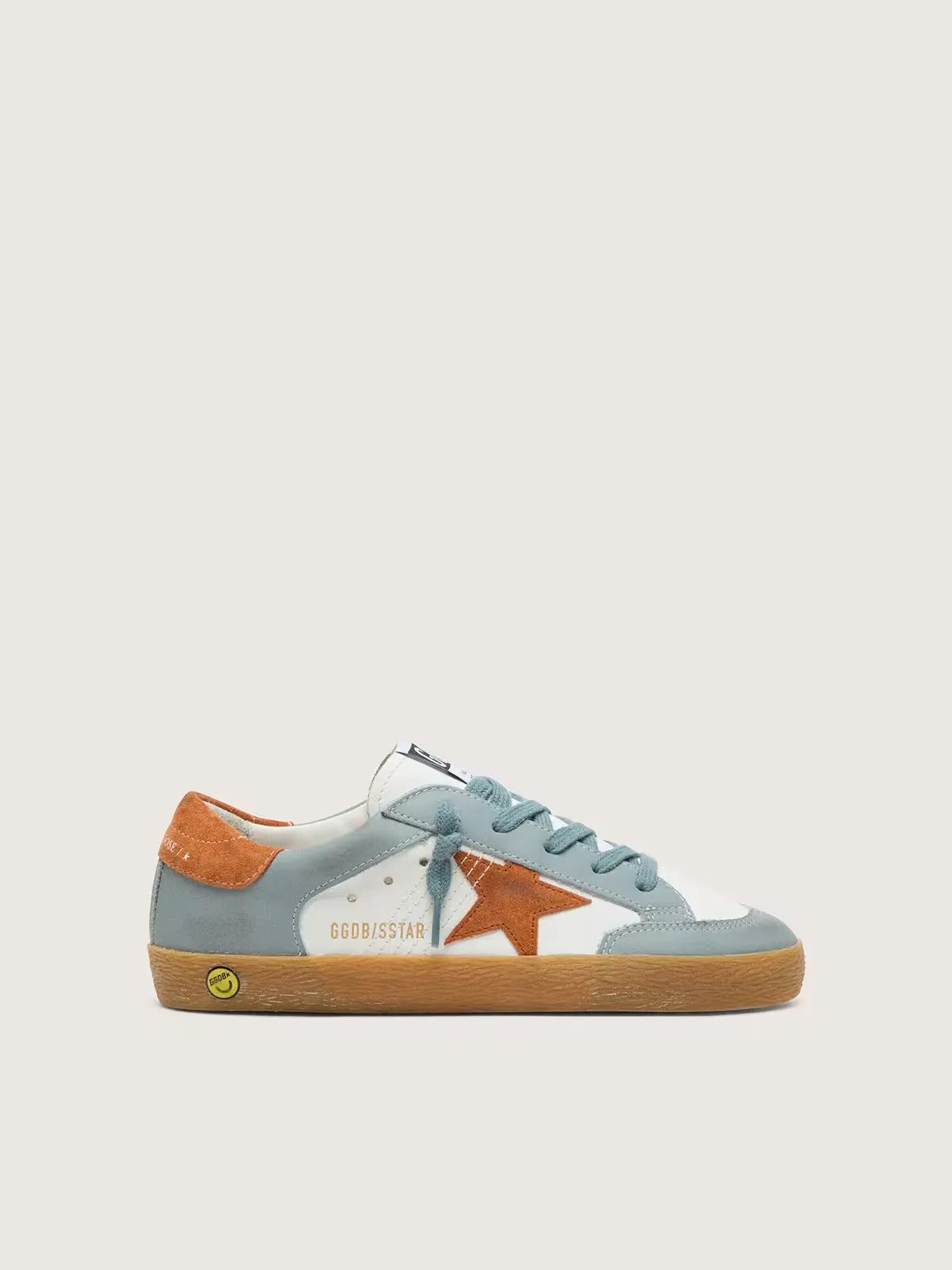 Young Super-Star in White and Ice-Blue Leather with Orange Suede Star by Golden Goose
