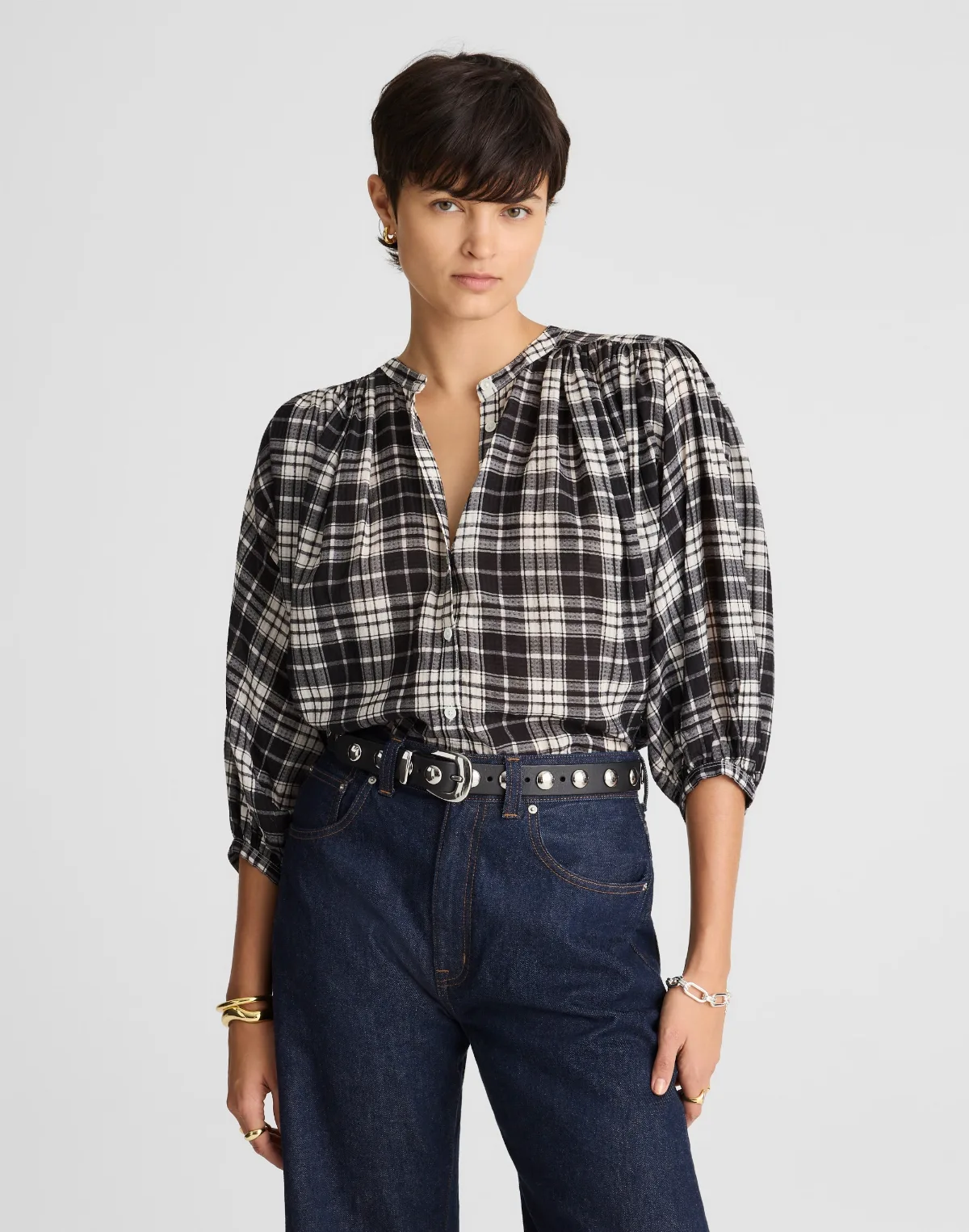 Shirred Crewneck Button-Up Top in Plaid by MW