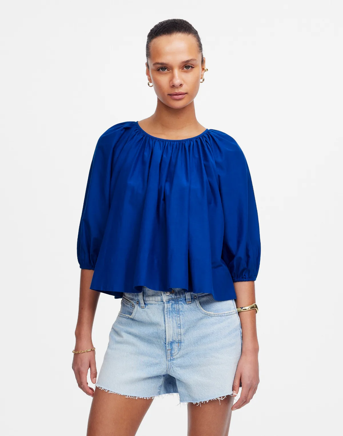 Shirred Puff-Sleeve Top in Cotton-Silk Voile by MW