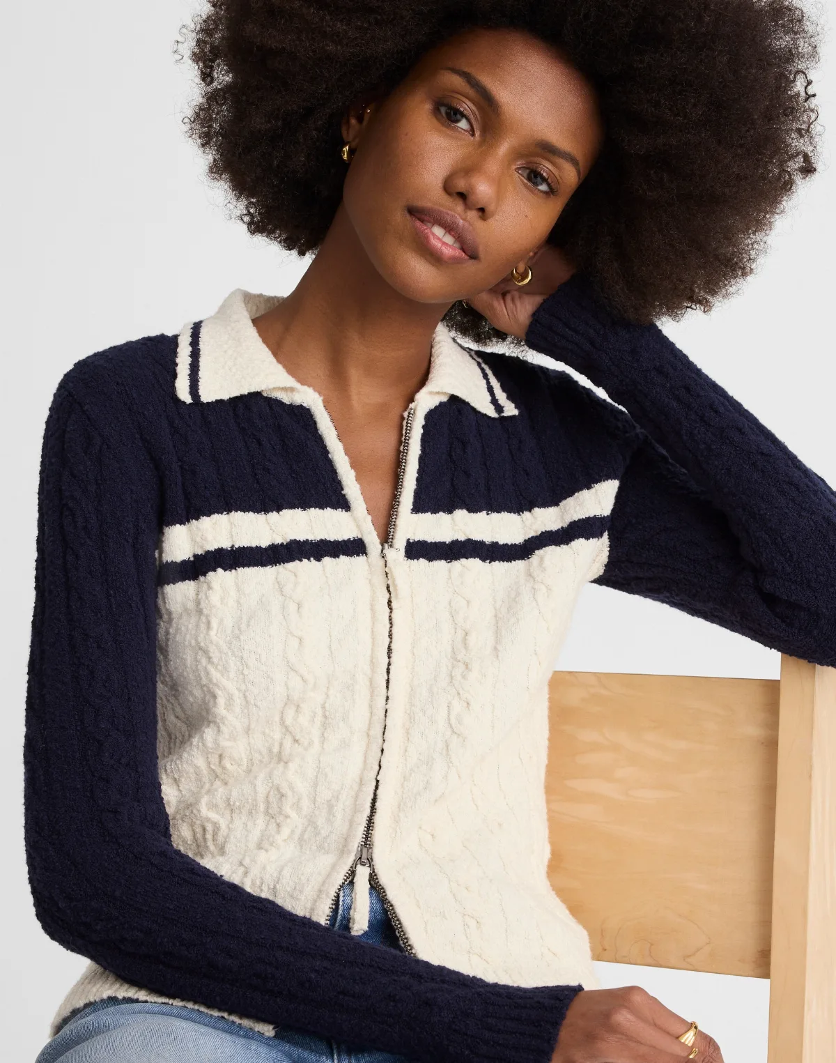 Colorblock Cable-Knit Zip Cardigan by MW