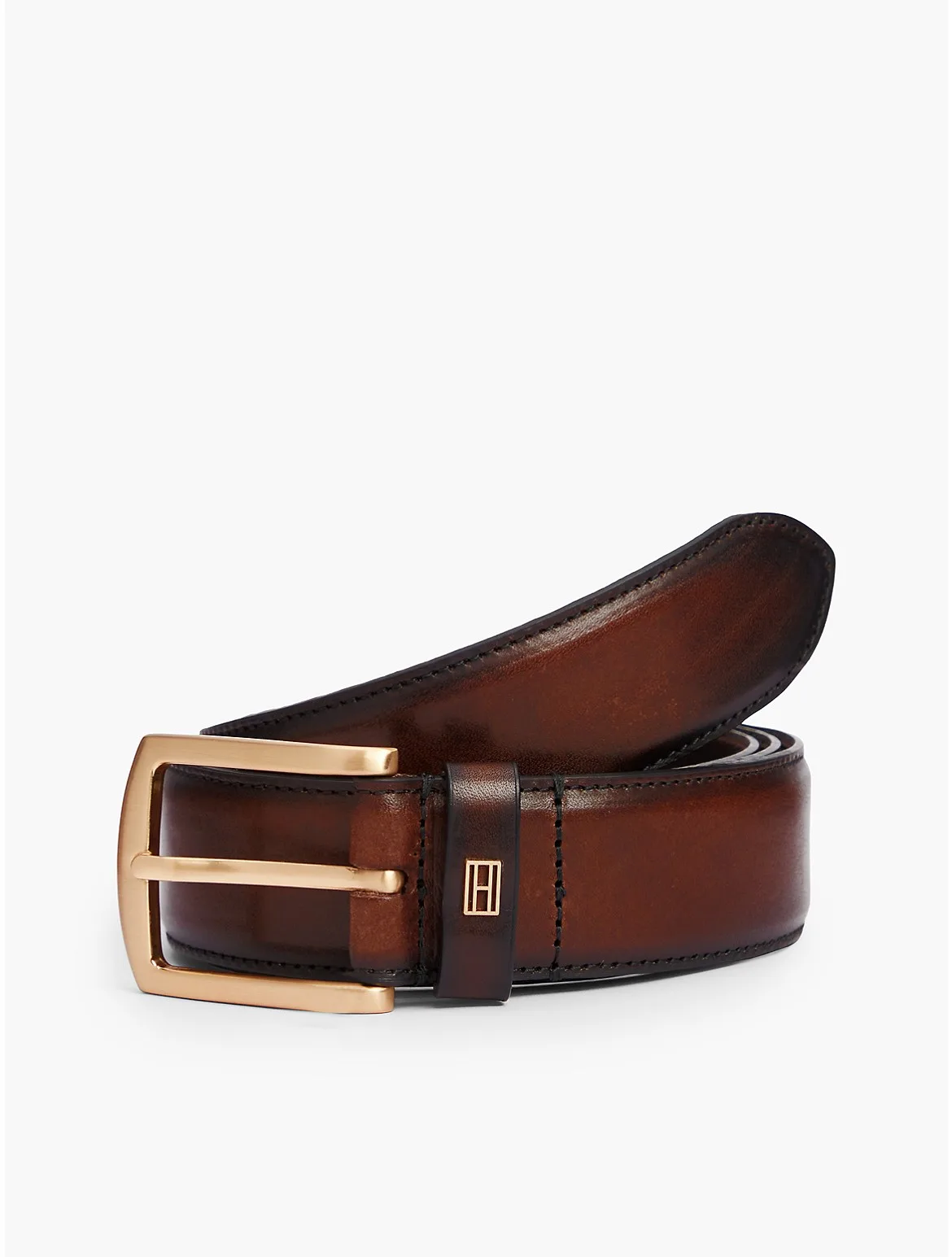 Square Buckle Burnished Leather Belt by Tommy Hilfiger