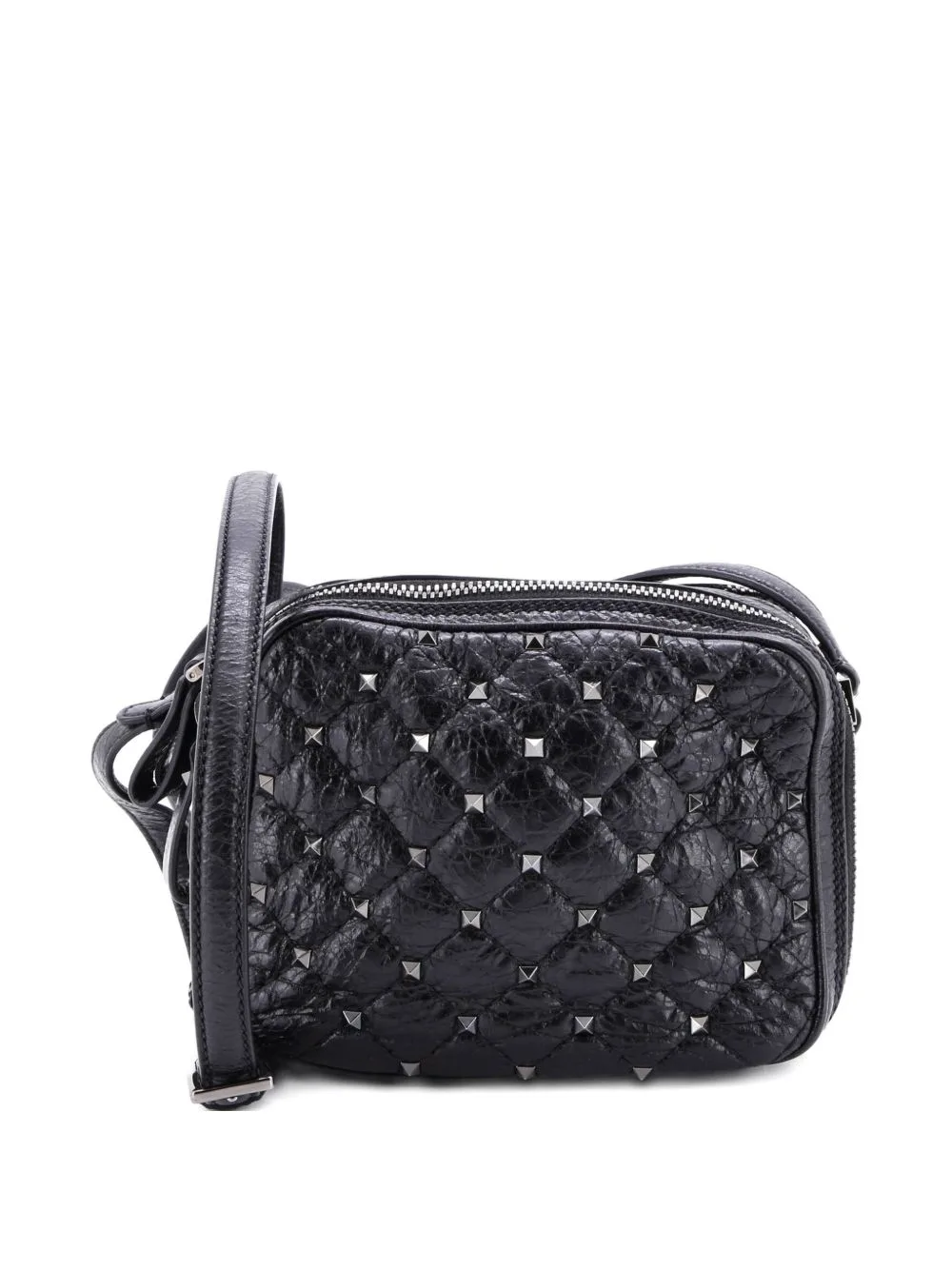 Rockstud Double Zip Camera Bag Quilted Crackled Leather Crossbody Bag by Valentino Garavani Pre-Owned