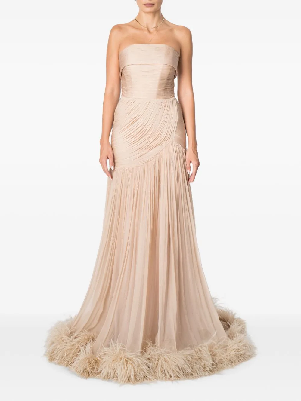 Feather-Trim Ruched Maxi Dress by M.Marquise