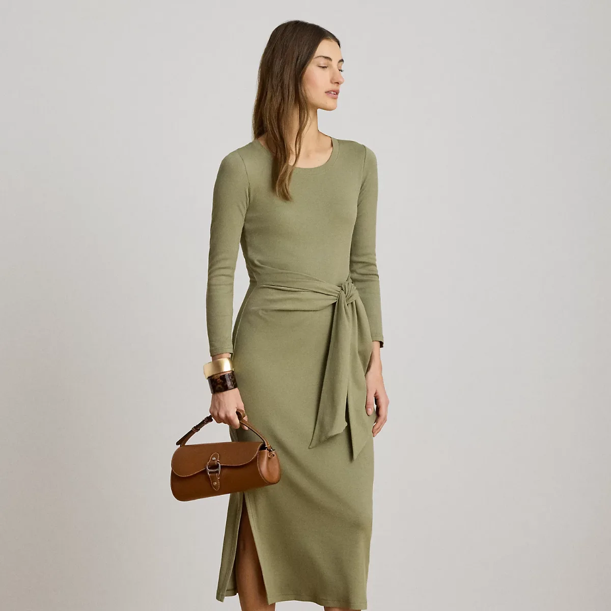 Tie-Front Cotton-Blend Crewneck Dress