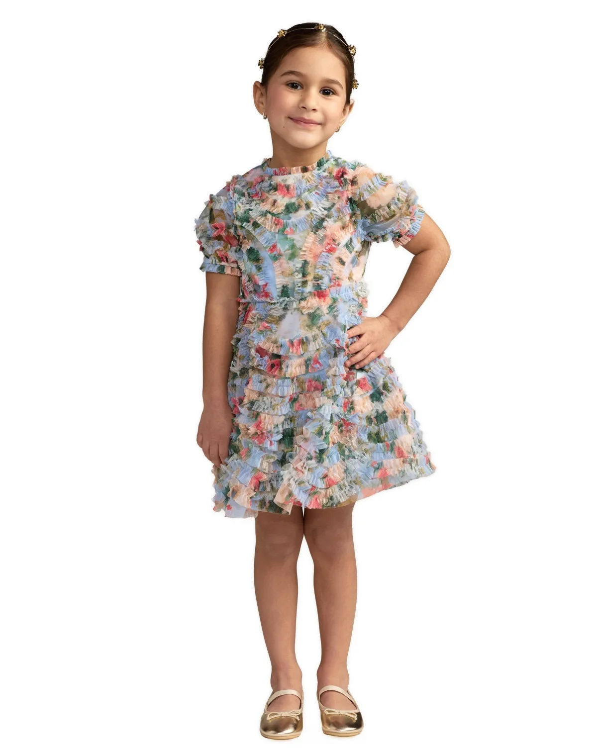 Floral Mesh Tiered Ruffle Puff Sleeve Party Dress by Mac Duggal
