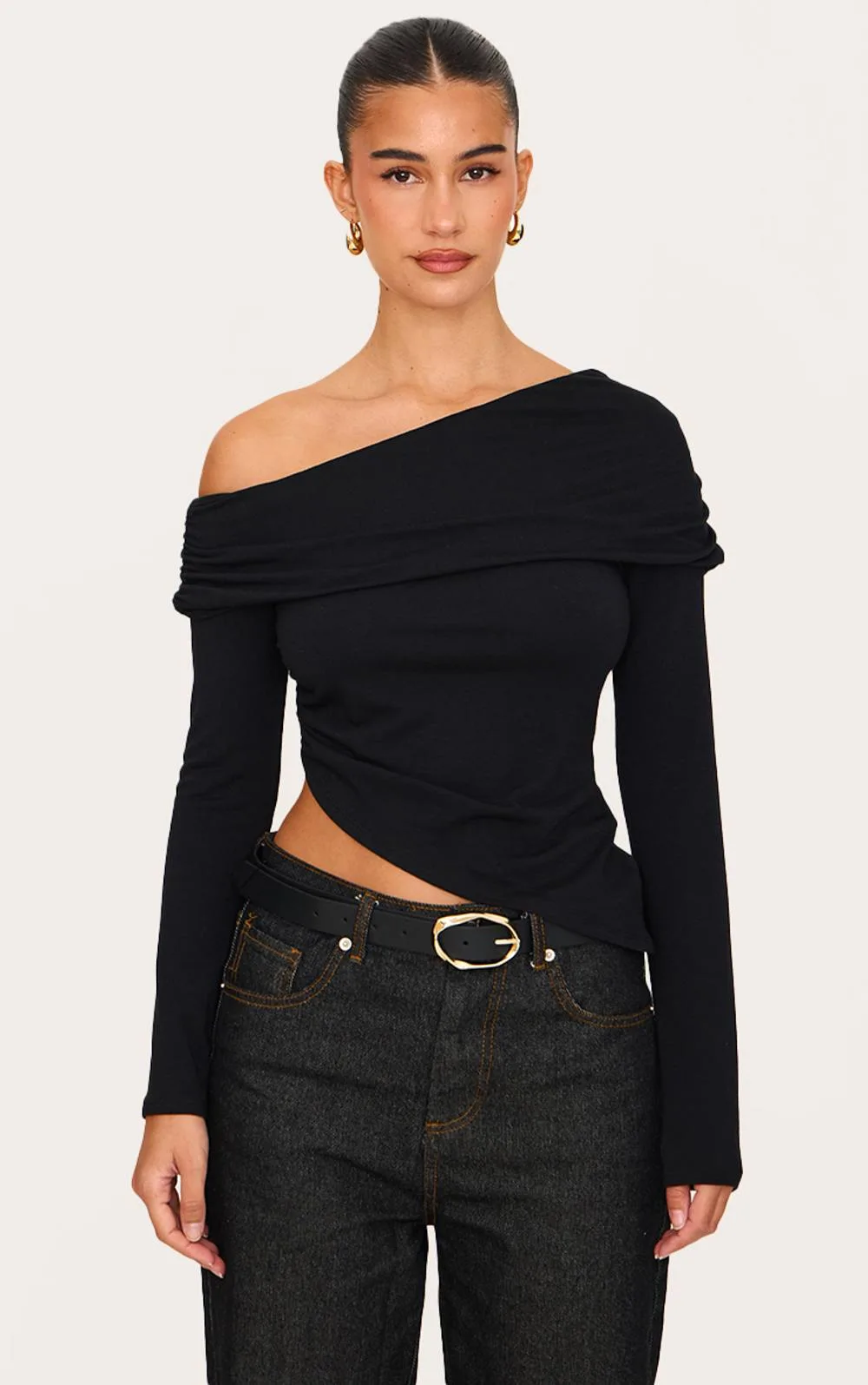 Basic Contour Jersey Fold Over Detail Bardot Long Sleeve Top