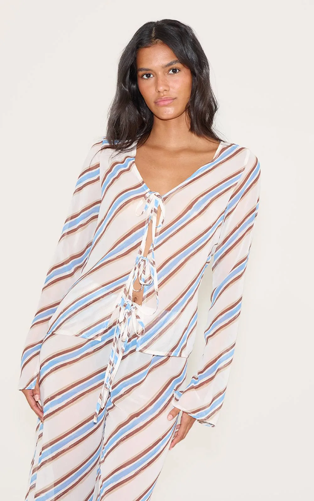Stripe Tie Detail Floaty Long Top Co-Ord by PrettyLittleThing