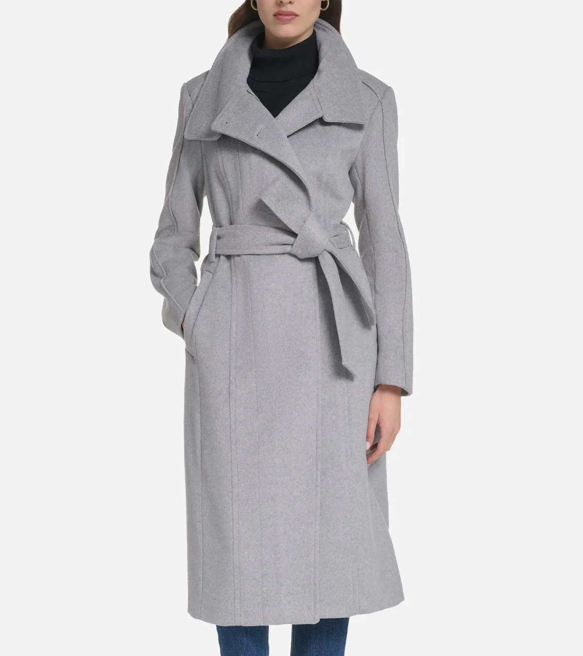 Zip Up Closure Asymmetric Slick Wool Belted Coat by Cole Haan