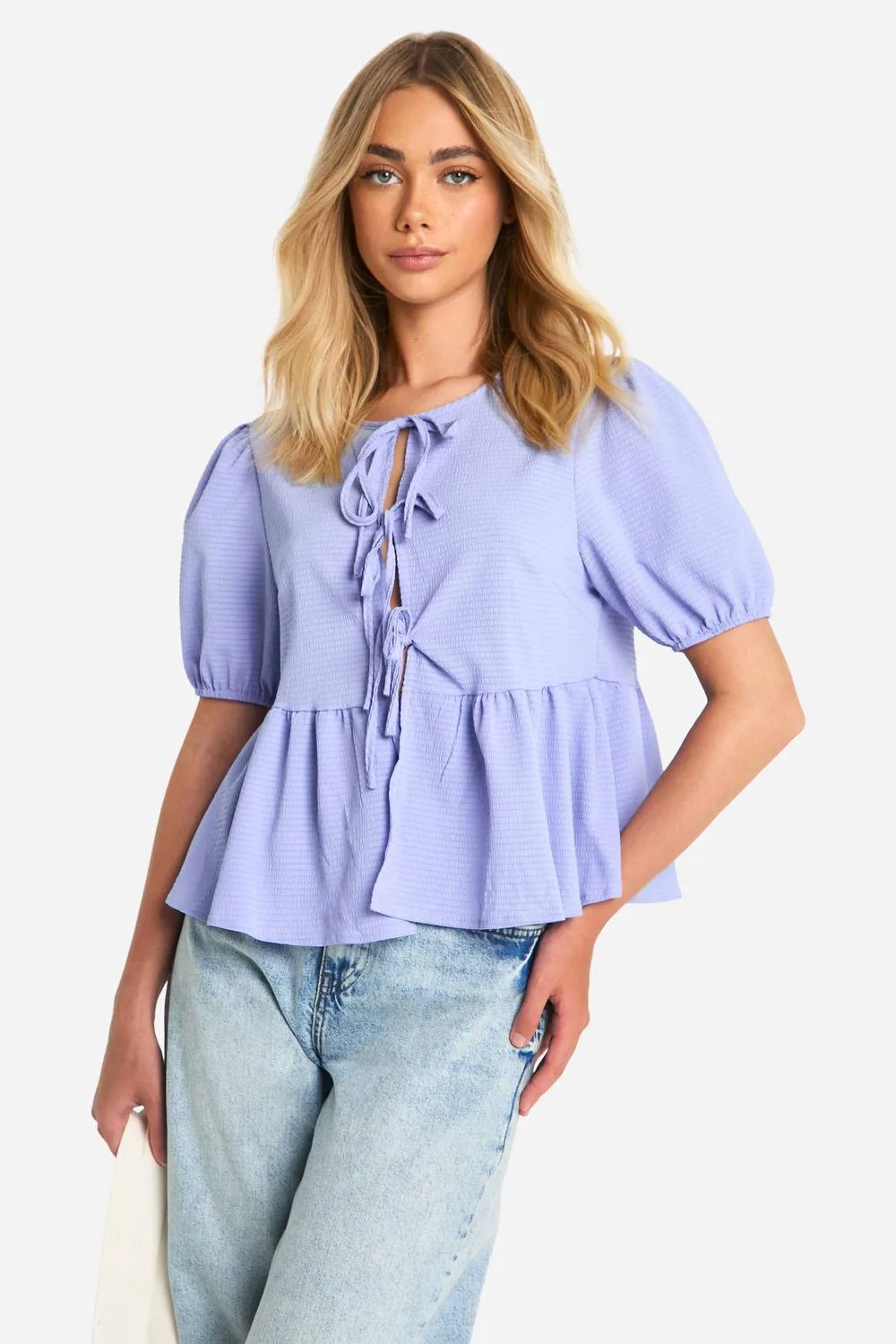Textured Tie Front Puff Sleeve Smock Top by boohoo
