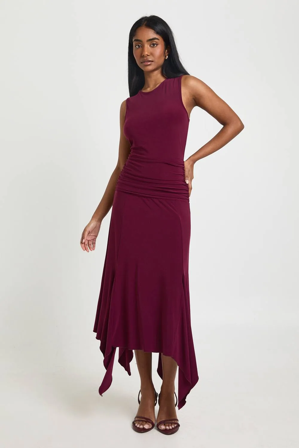 Slinky Sleeveless Asym Hem Midi Dress