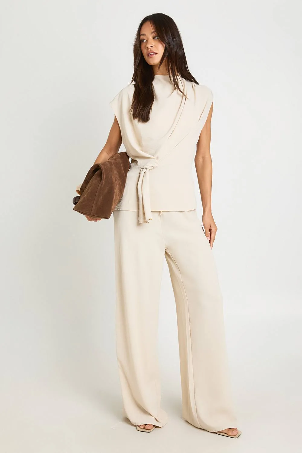 Hammered Knot Front Cowl Neck Blouse Wide Leg Trouser Co-Ord by boohoo