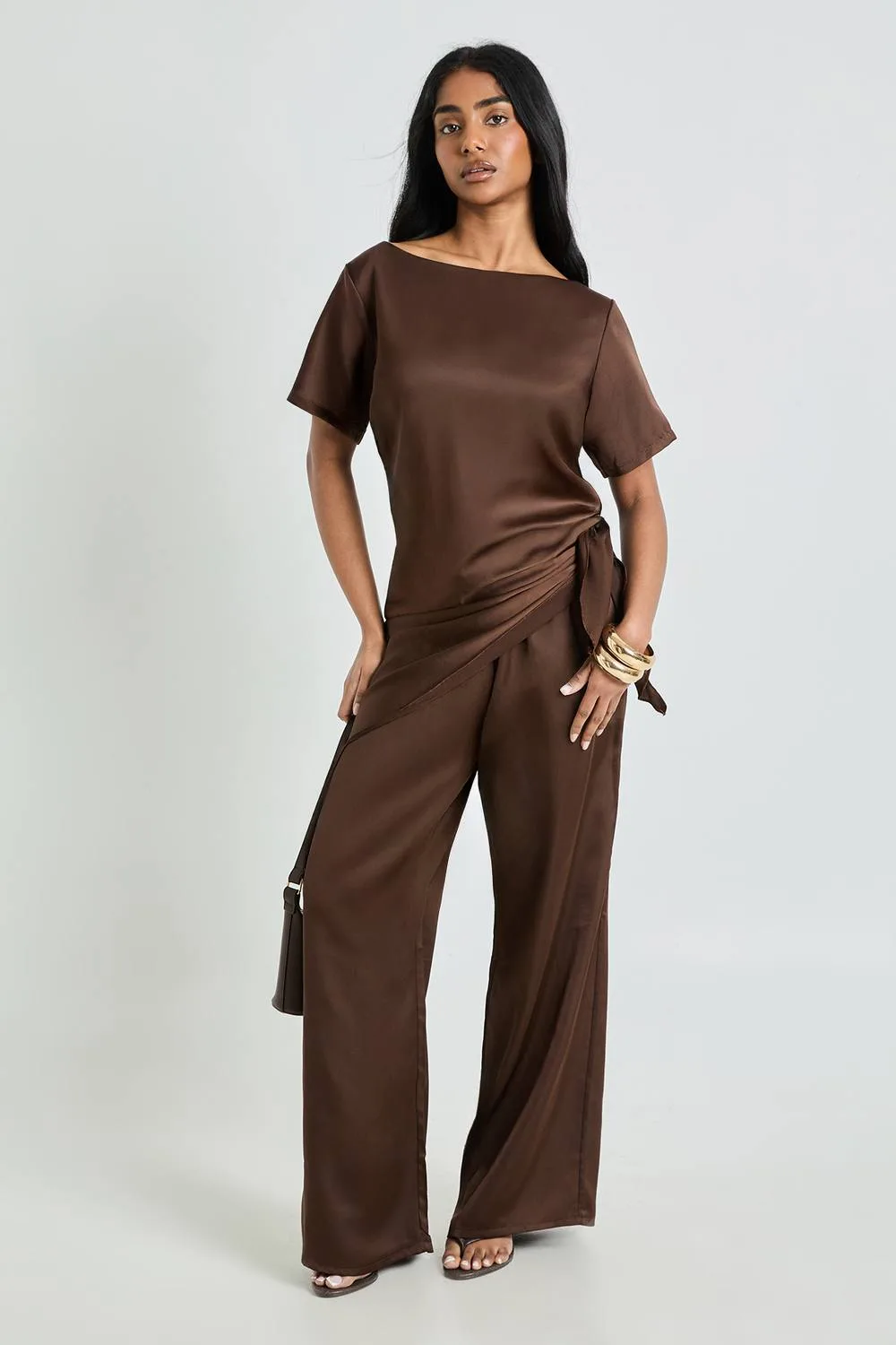 Satin Loose Fit T-Shirt with Tie Trouser Co-Ord by boohoo