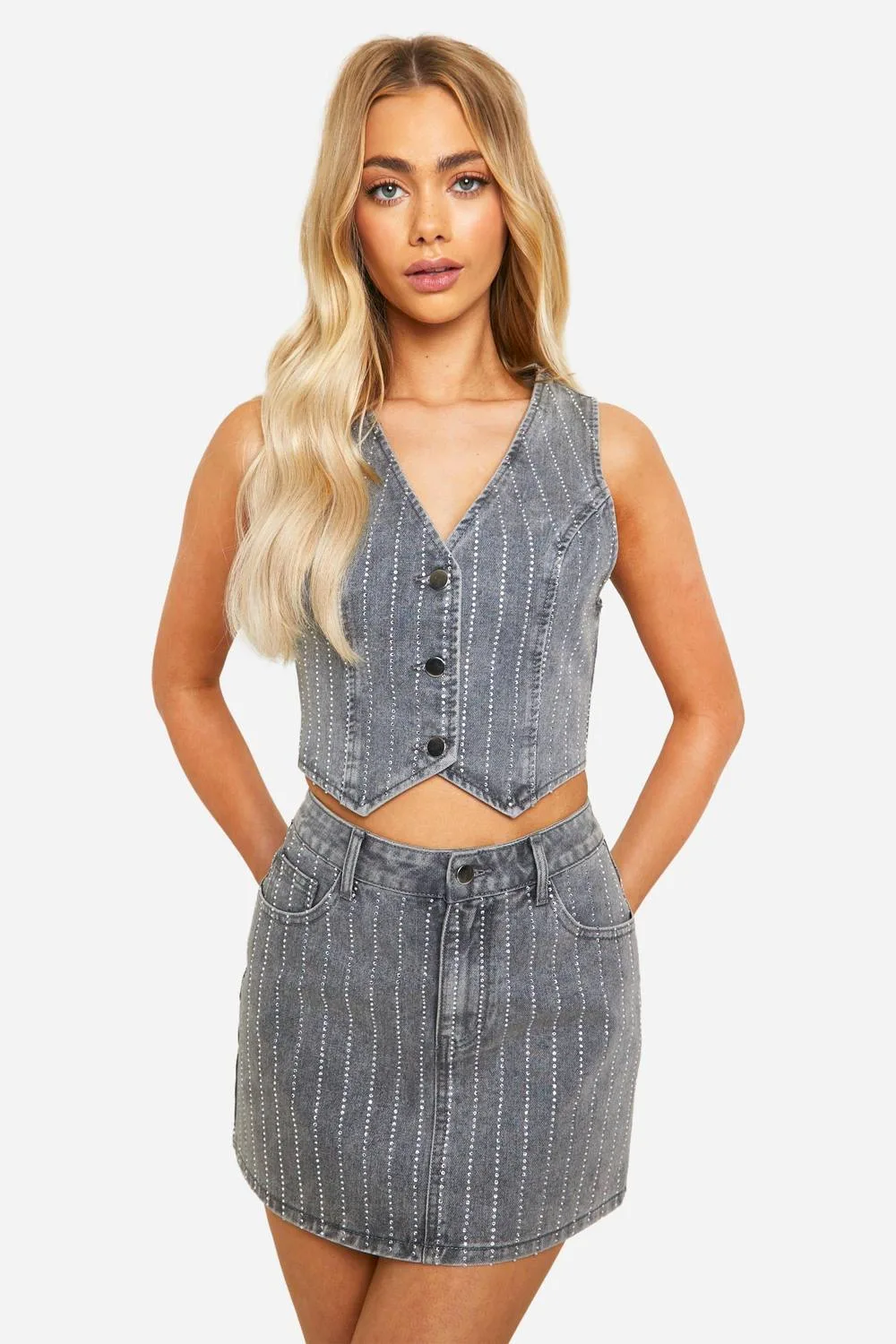 Diamante Denim Mini Skirt by boohoo