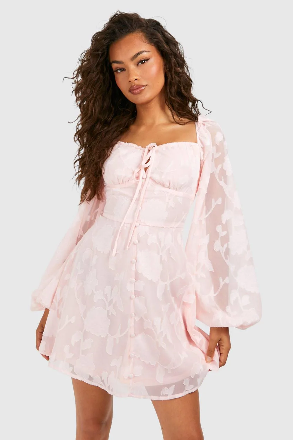 Textured Balloon Sleeve Milkmaid Mini Dress by boohoo